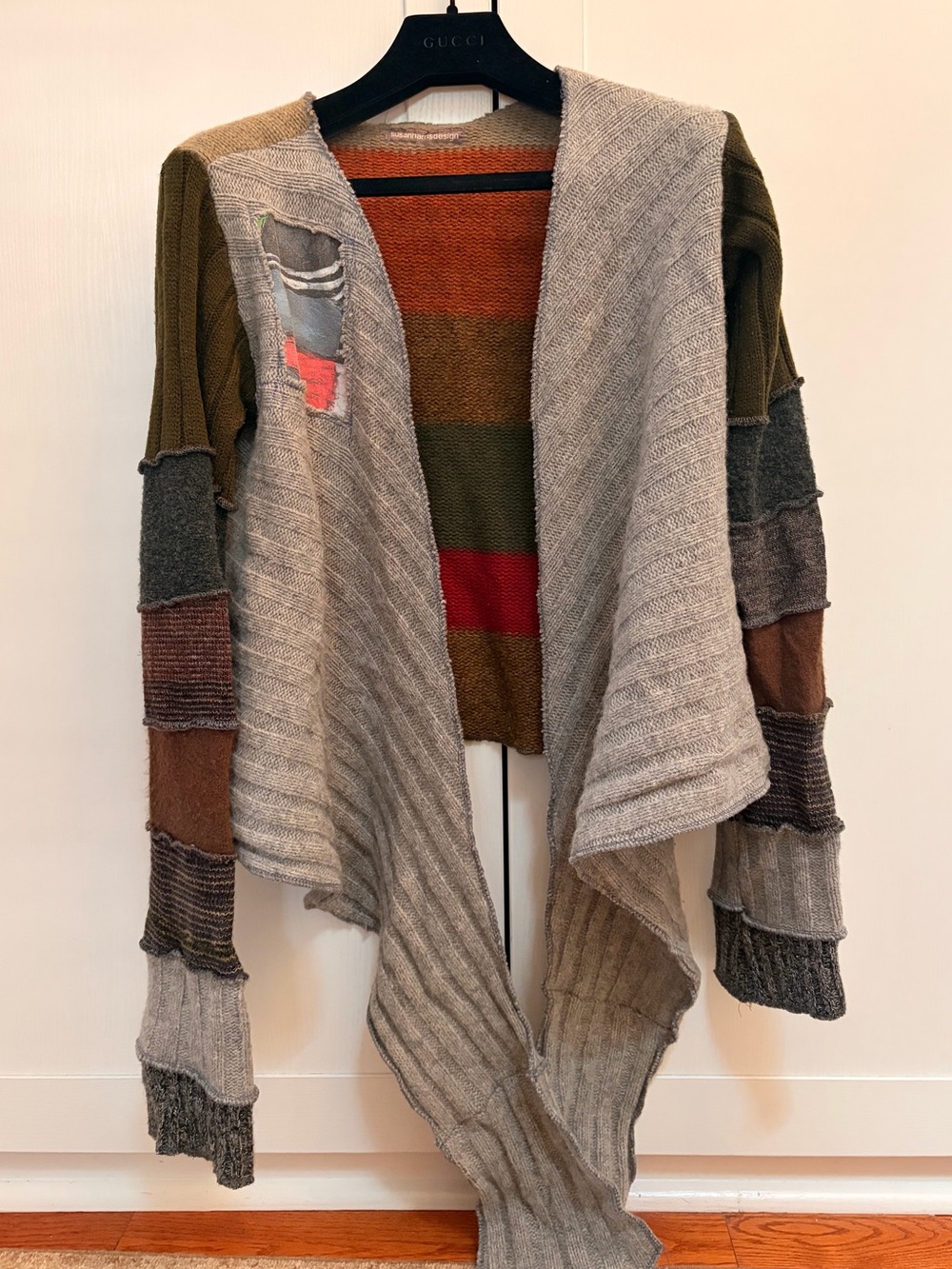 Open-Front Ribbed Cardigan with Olive and Gray Stripe Accents